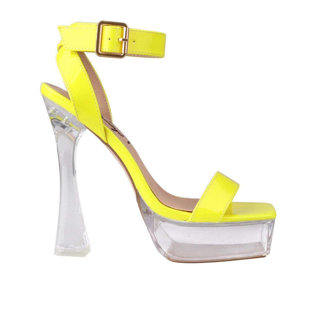 Transparent hexagon women's block heel in neon yellow-side view