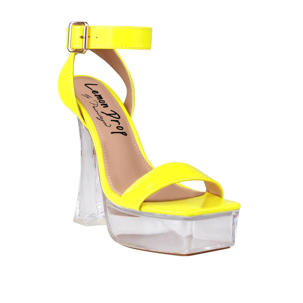 Transparent hexagon women's block heel in neon yellow-corner view