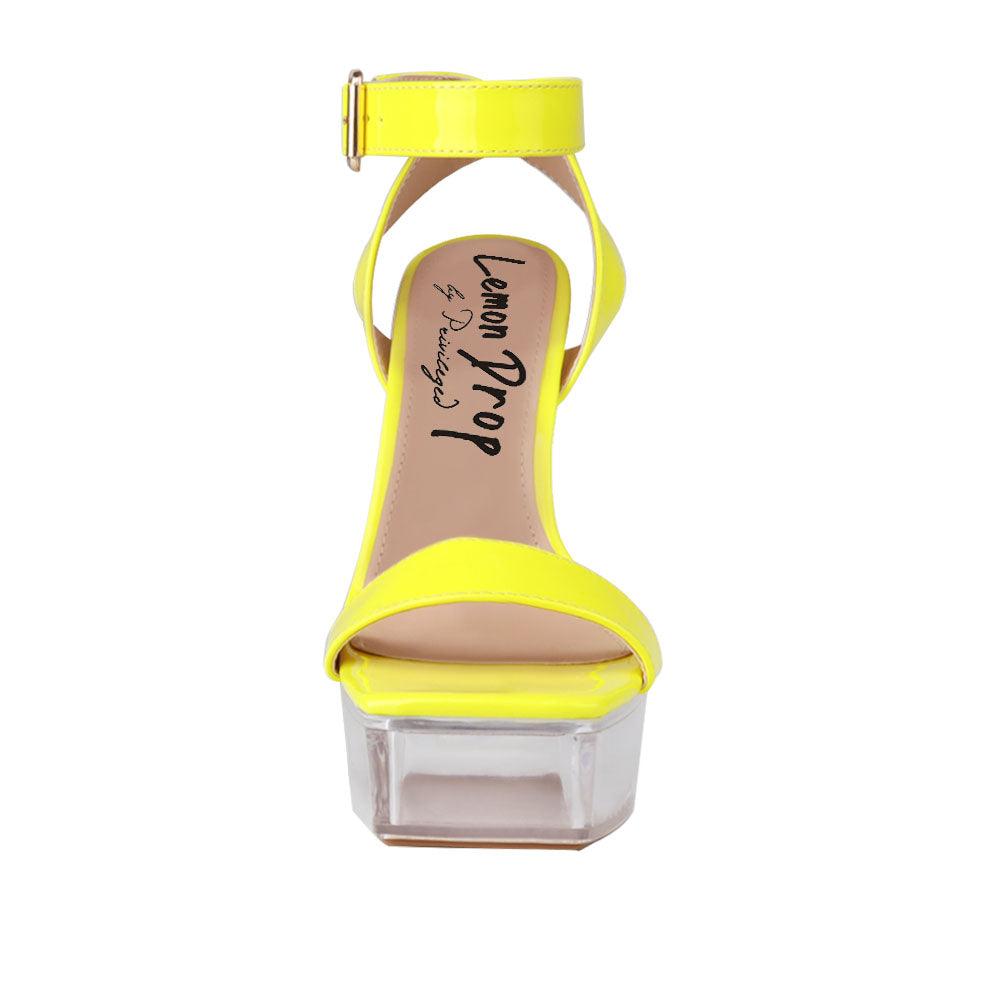 Transparent hexagon women's block heel in neon yellow-front view