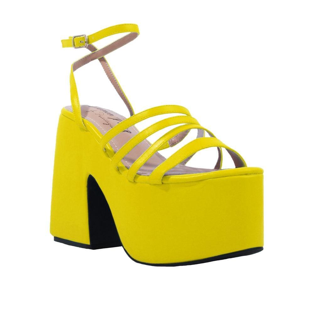 Neon yellow open toe women's square heel with platform-corner view