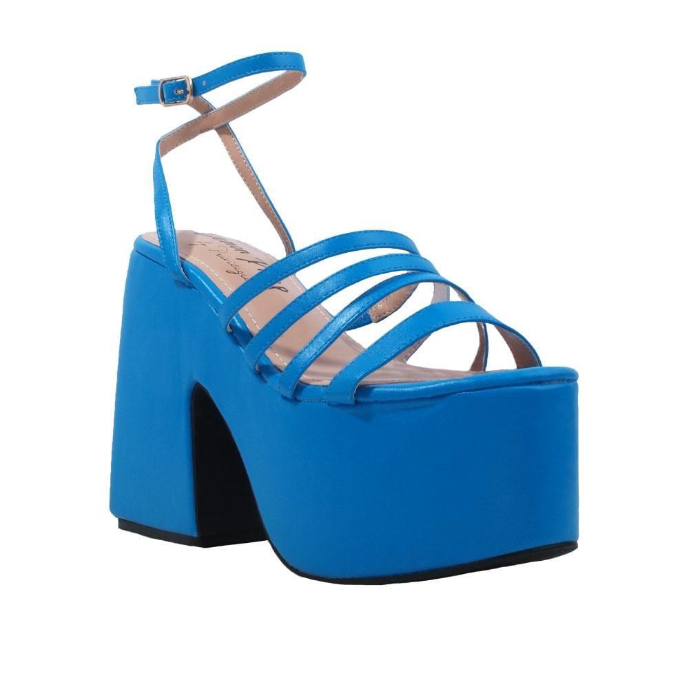 Turquoise open toe women's square heel with platform-corner view