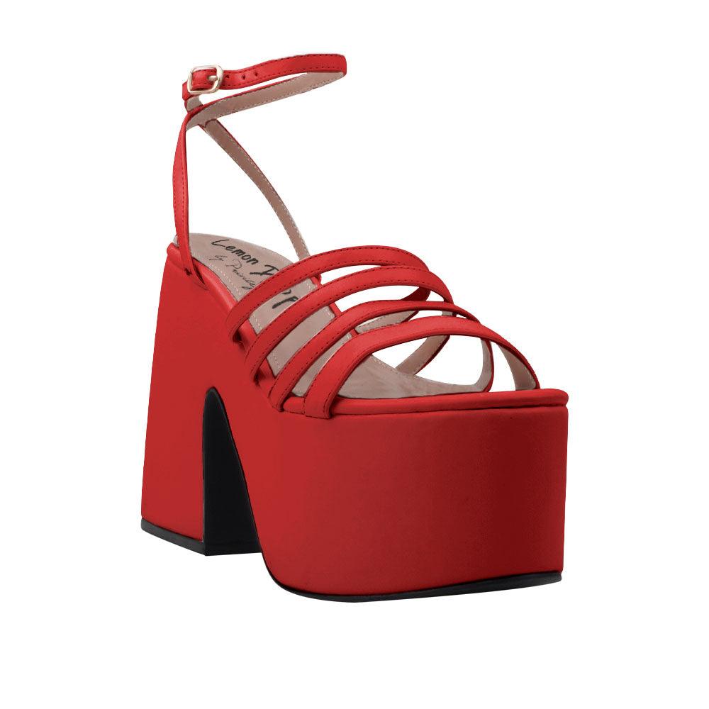 Red open toe women's square heel with platform-corner view