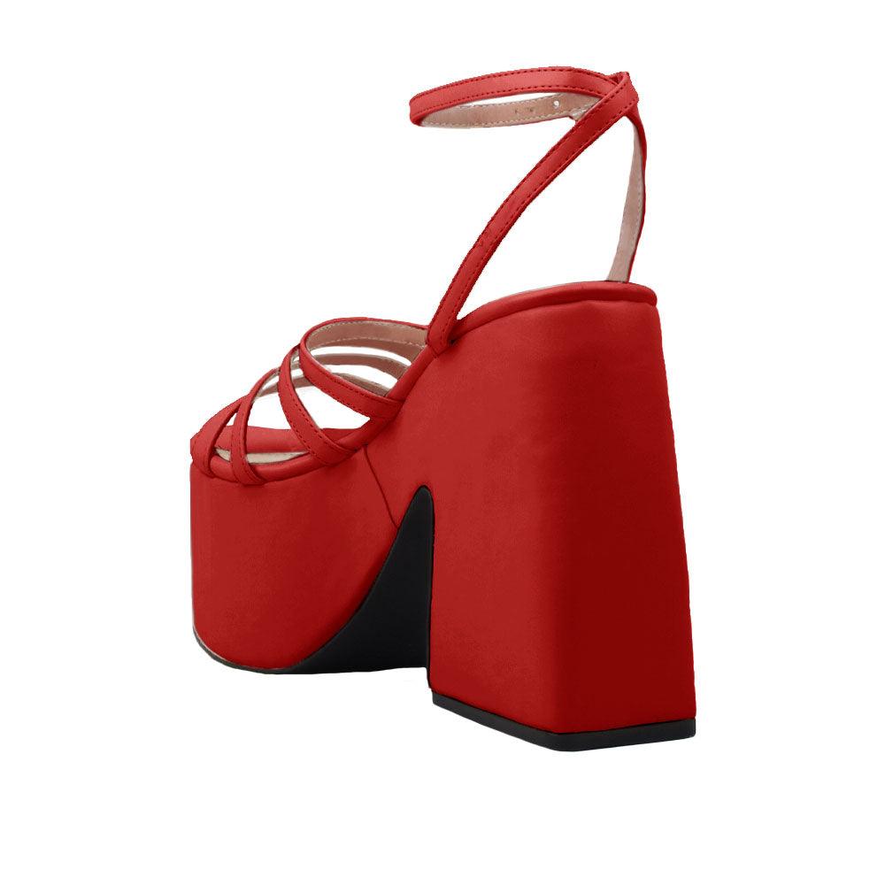 Red open toe women's square heel with platform-posterior view