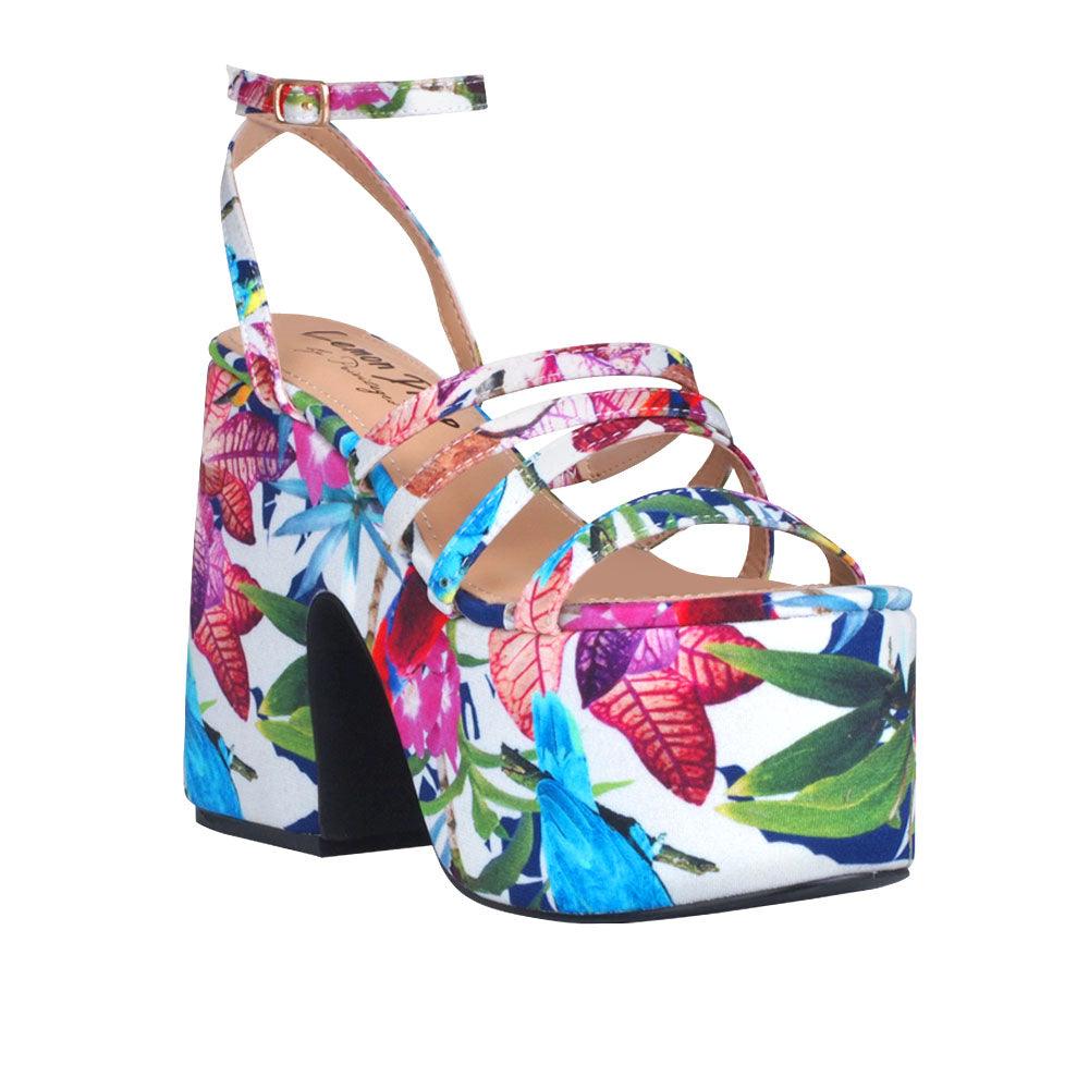 Floral printed open toe women's square heel with platform -corner view