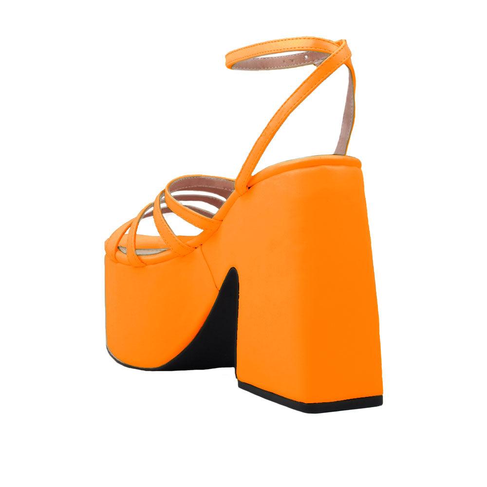 Orange open toe women's square heel with platform-posterior view