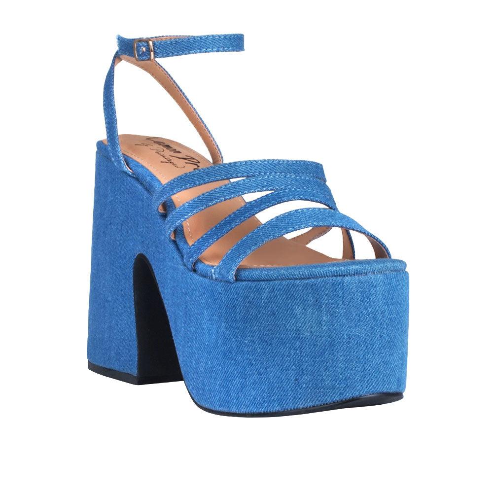 Denim open toe women's square heel with platform-corner view