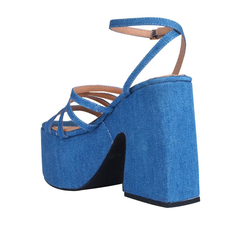 Denim open toe women's square heel with platform-posterior view