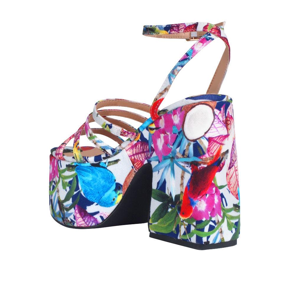 Floral printed open toe women's square heel with platform -posterior view