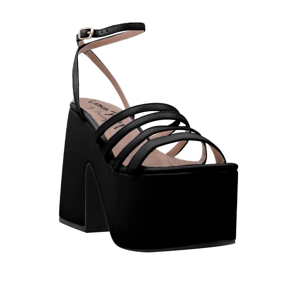 Black open toe women's square heel with platform-corner view