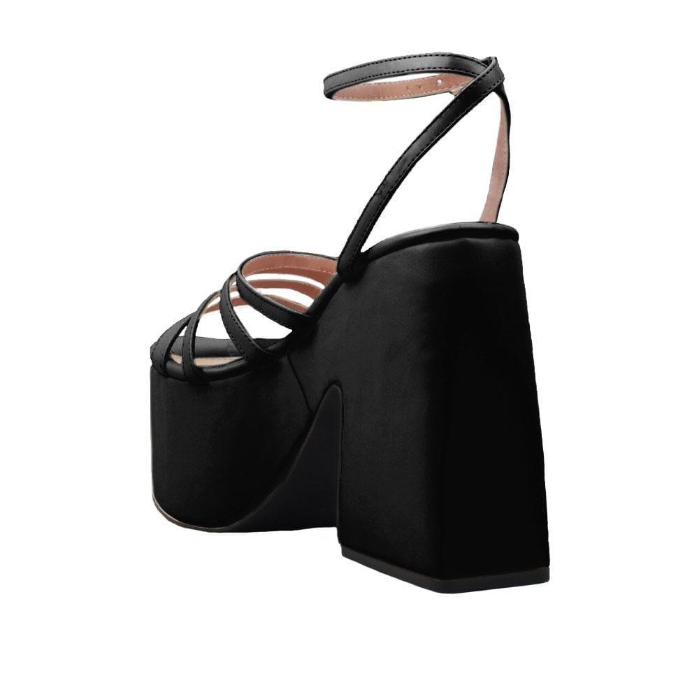 Black open toe women's square heel with platform-posterior view