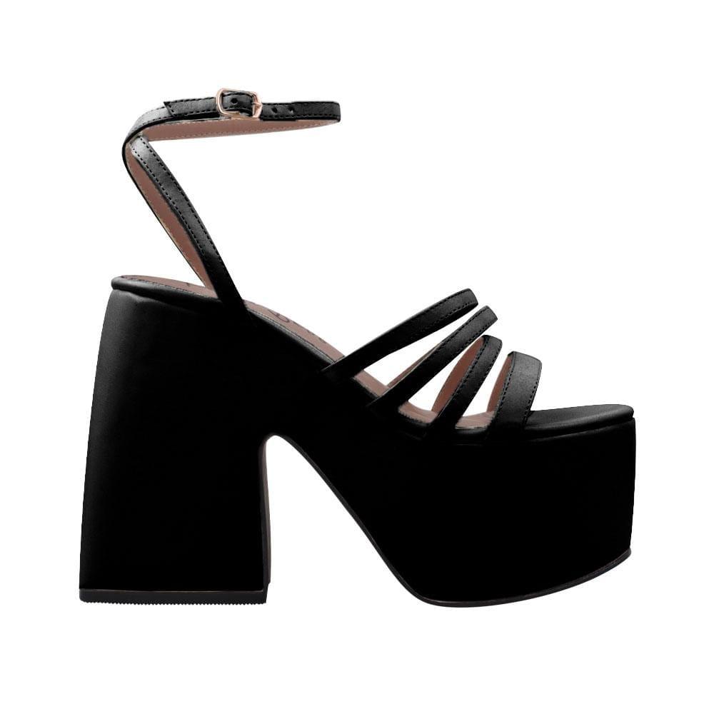 Black open toe women's square heel with platform-side view