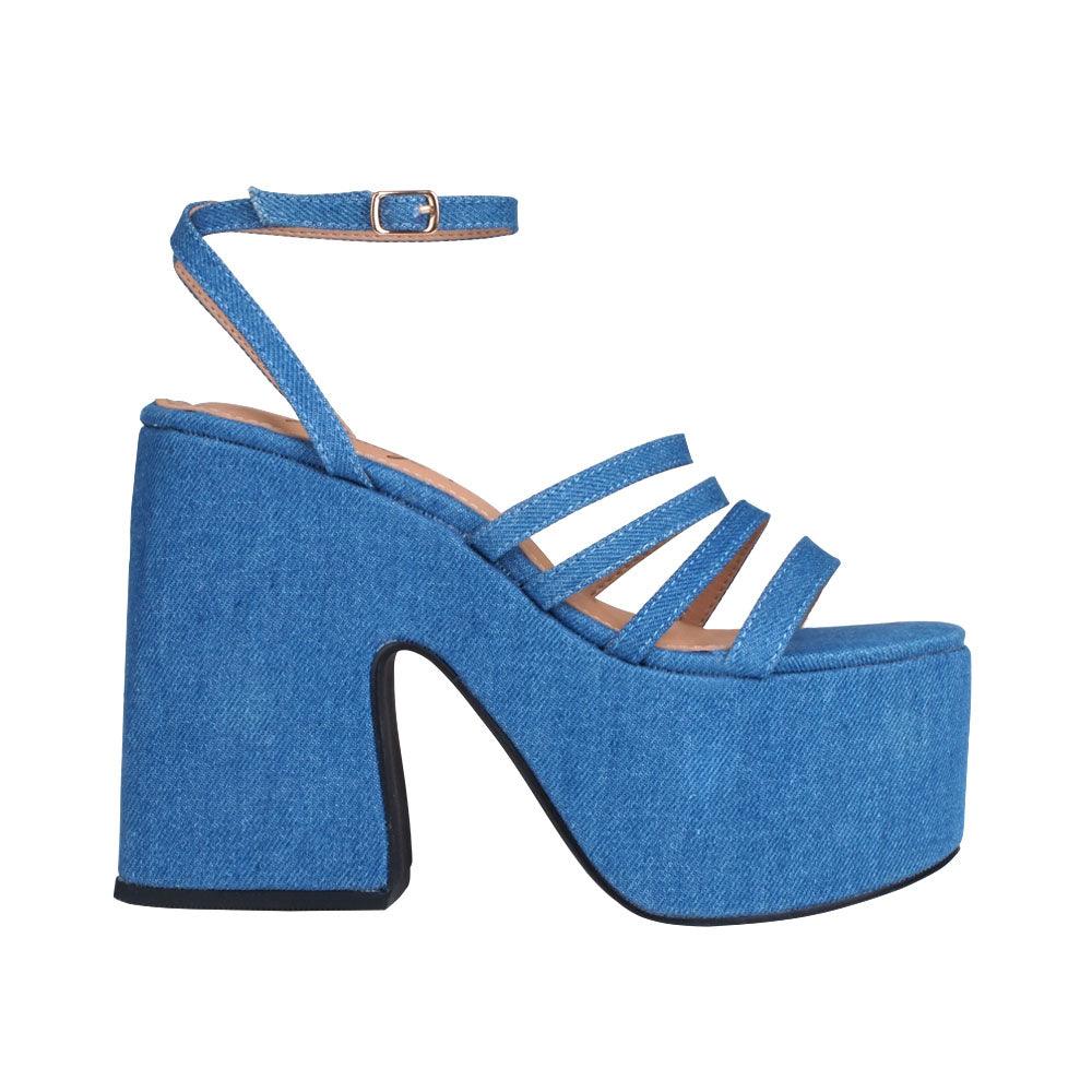 Denim open toe women's square heel with platform-side view