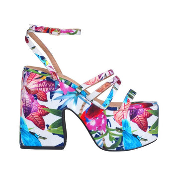 Floral printed open toe women's square heel with platform -side view