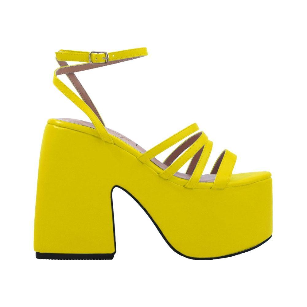 Neon yellow open toe women's square heel with platform-side view