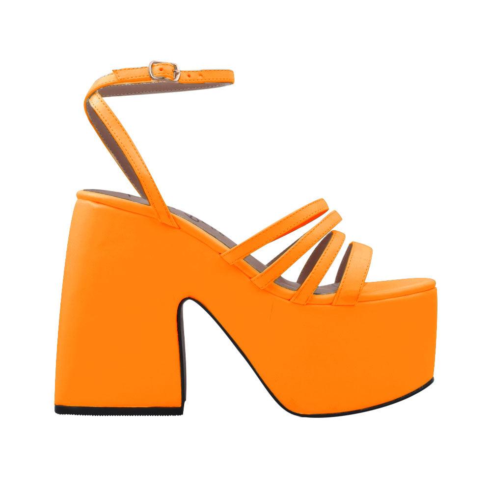 Orange open toe women's square heel with platform-side view