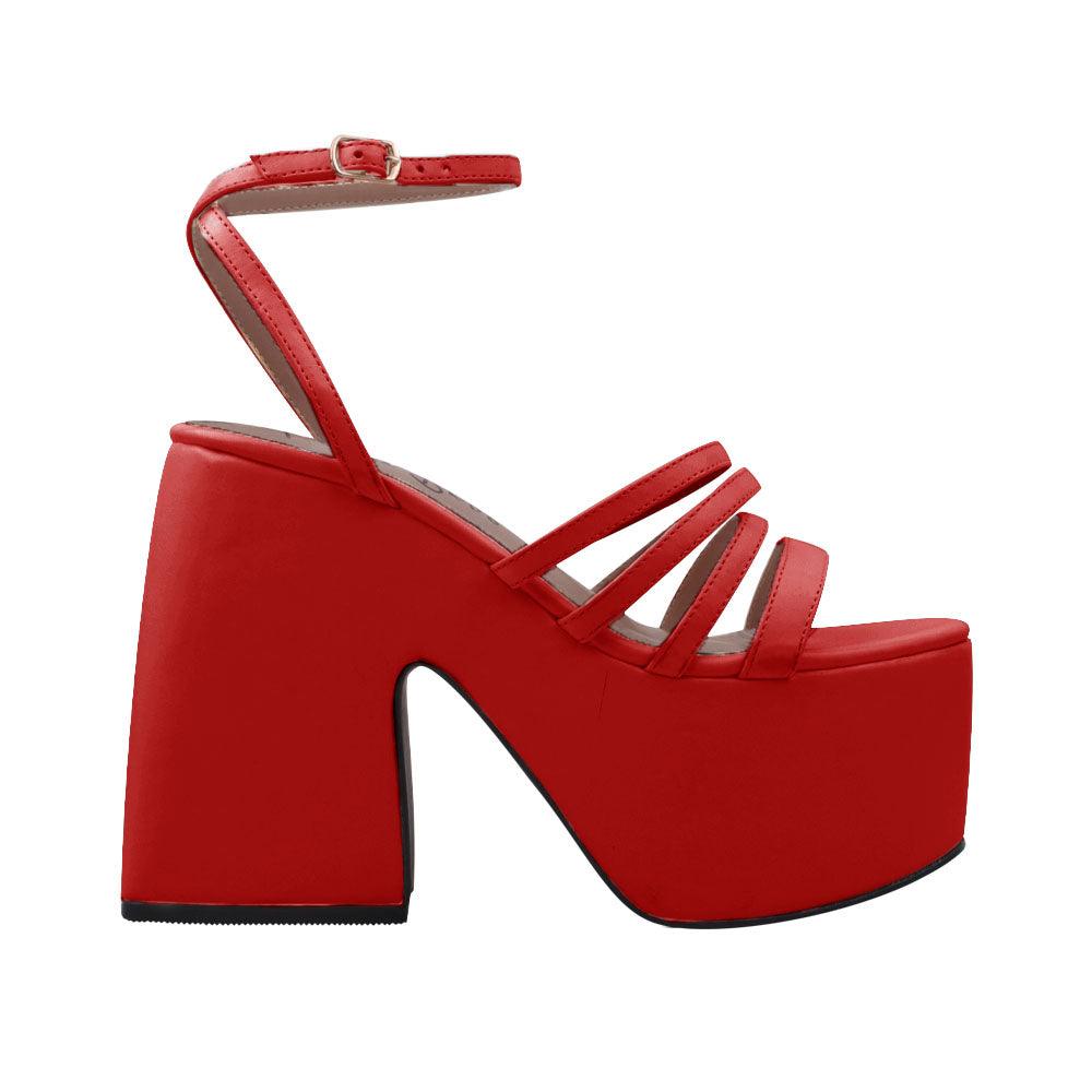 Red open toe women's square heel with platform-side view