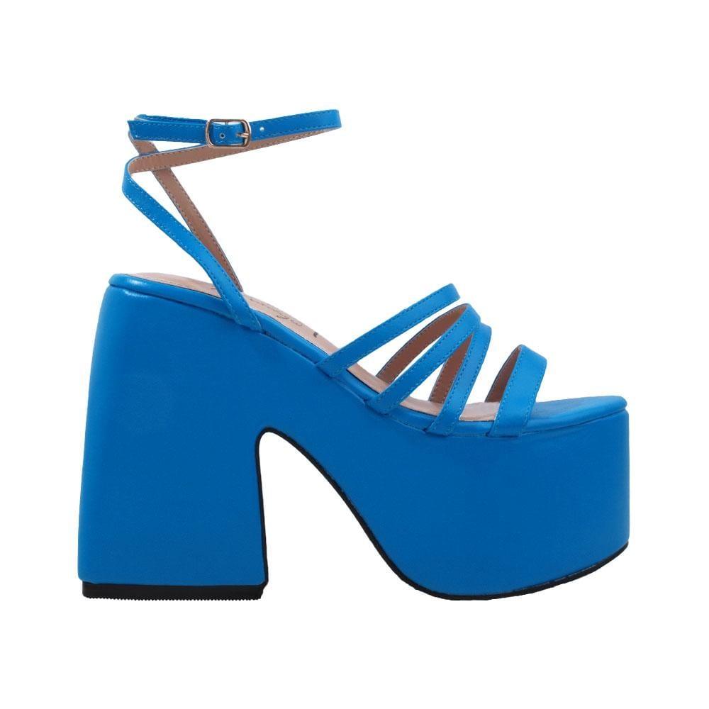 Turquoise open toe women's square heel with platform-side view