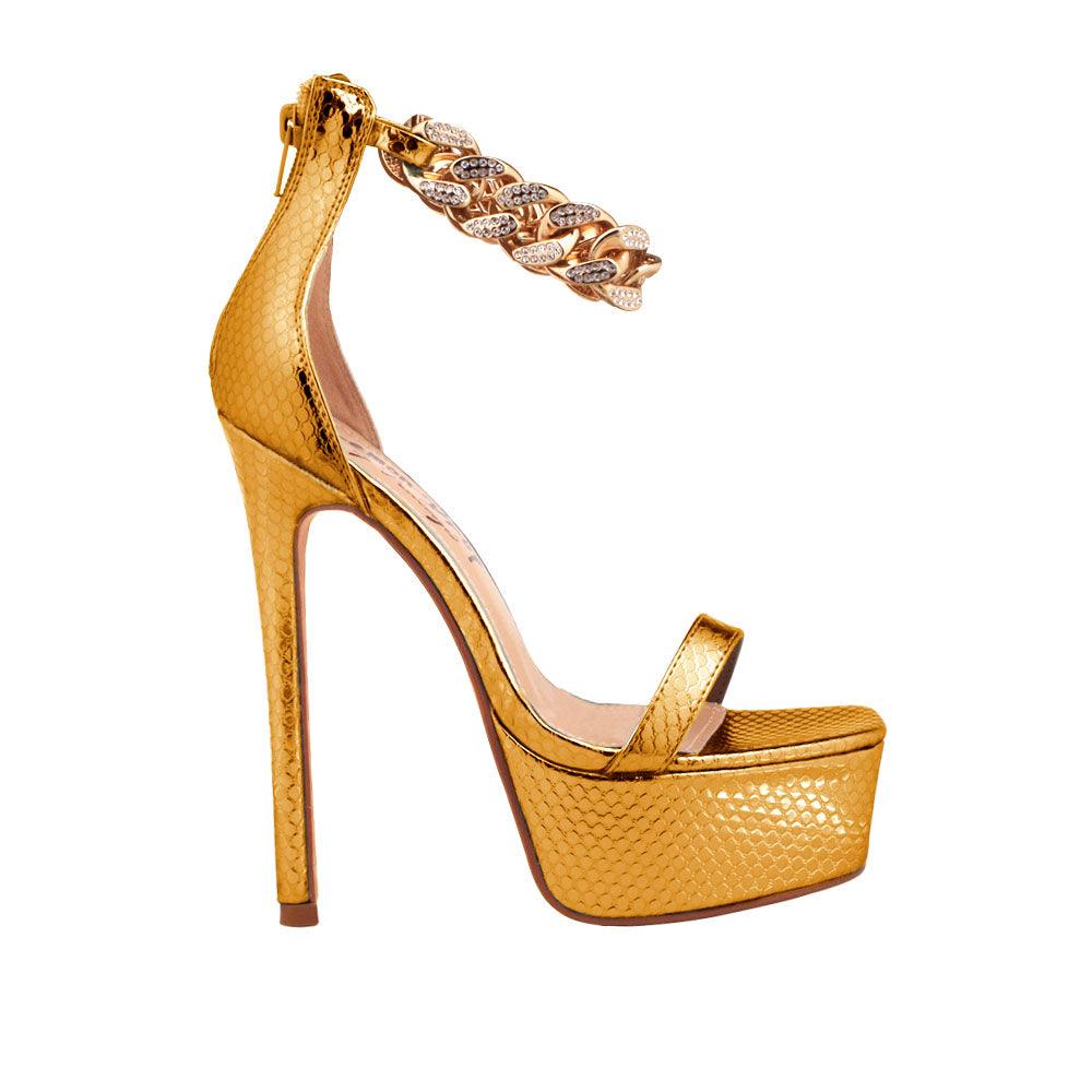 Gold vegan leather women's heel with ankle chain-side view