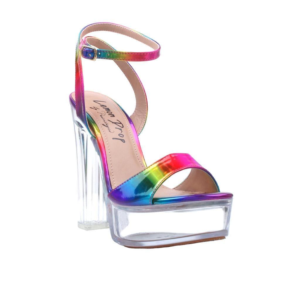 Multi-coloured faux leather with transparent women's block heel -corner view