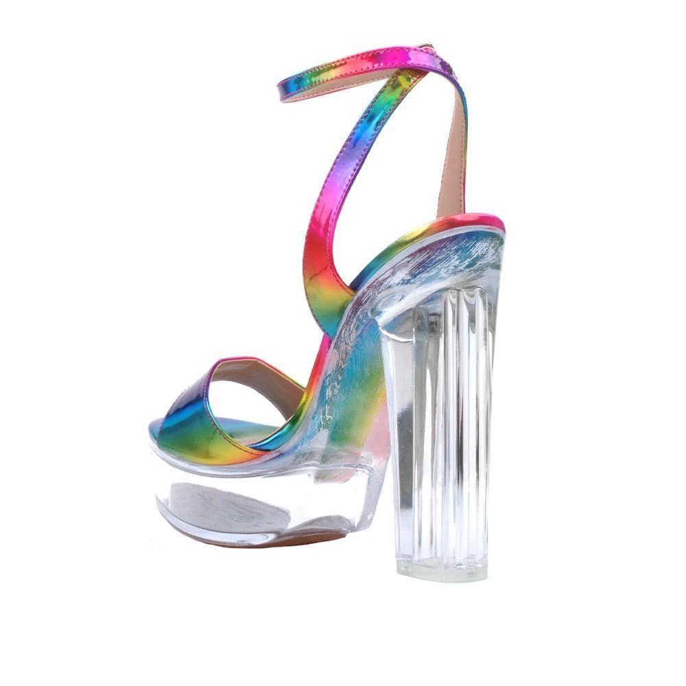 Multi-coloured faux leather with transparent women's block heel -posterior view