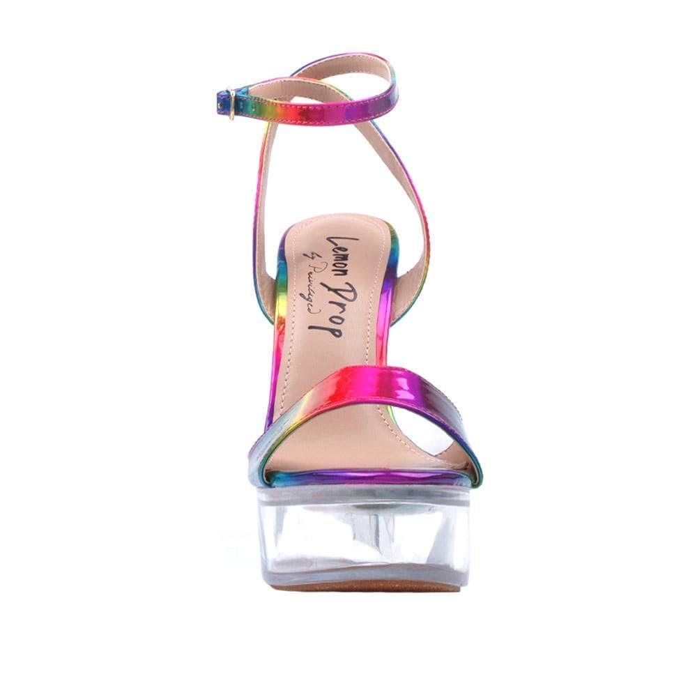 Multi-coloured faux leather with transparent women's block heel -front view