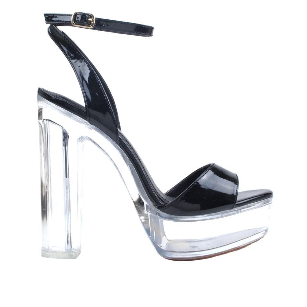 Black faux leather with transparent women's block heel-side view