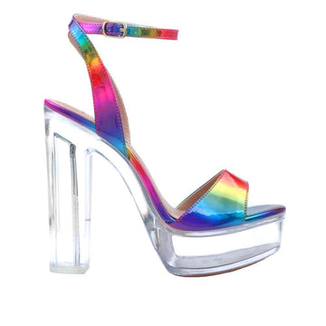 Multi-coloured faux leather with transparent women's block heel -side view