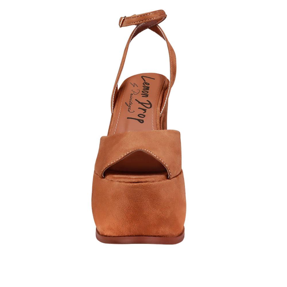 Tan coloured vegan suede women's block heel with platform-front view