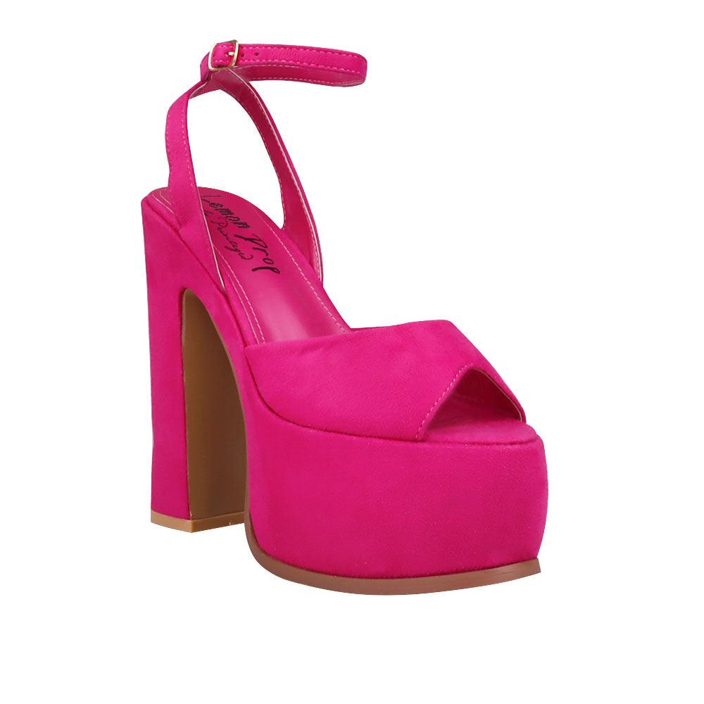 Fuchsia coloured vegan suede women's block heel with platform-corner view