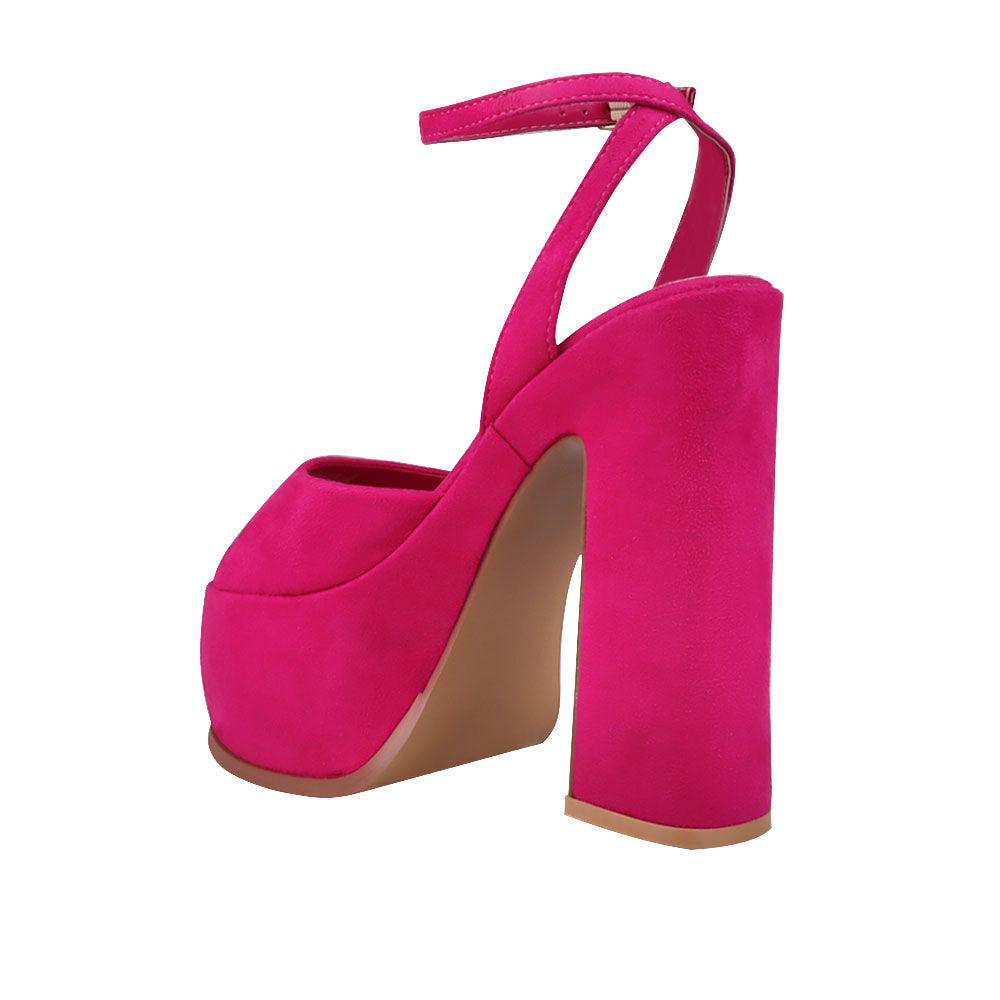 Fuchsia coloured vegan suede women's block heel with platform-posterior view