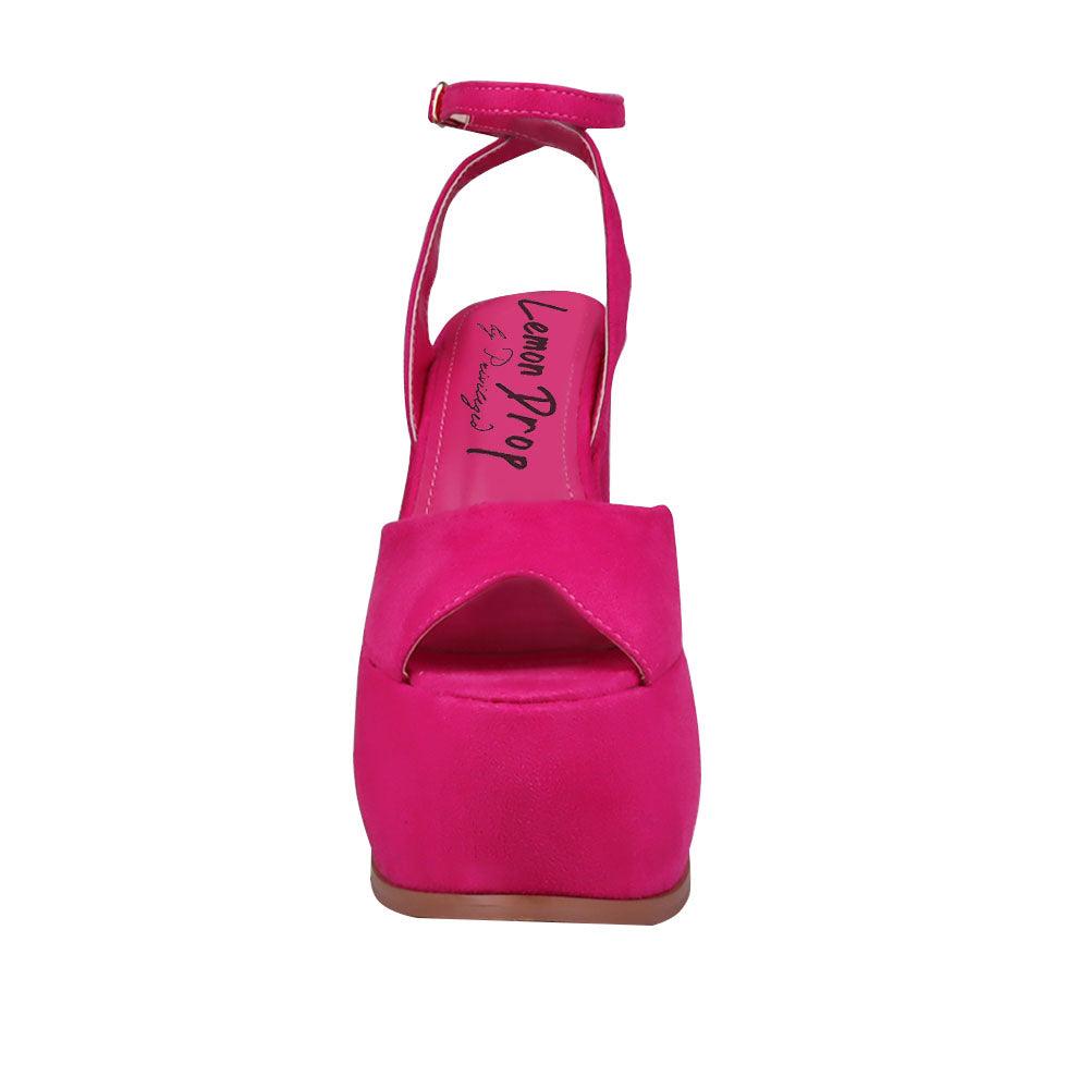 Fuchsia coloured vegan suede women's block heel with platform-front view