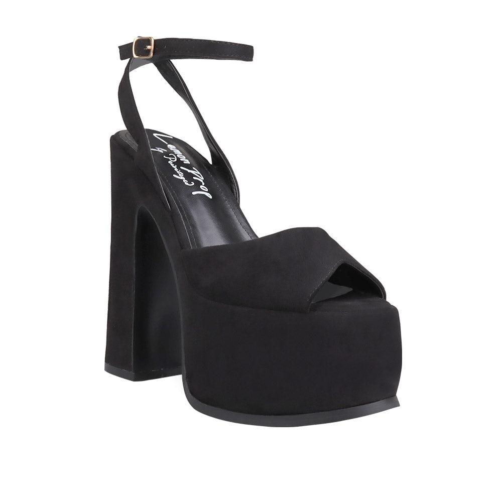 Vegan suede women's block heel with platform in black-corner view