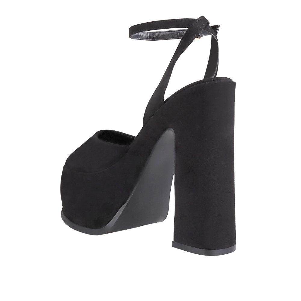 Vegan suede women's block heel with platform in black-posterior view