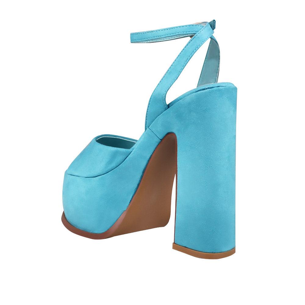 Turquoise coloured vegan suede women's block heel with platform-posterior view