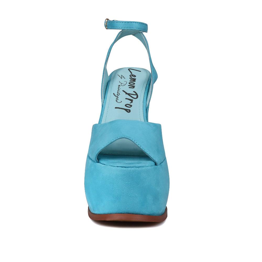 Turquoise coloured vegan suede women's block heel with platform-front view