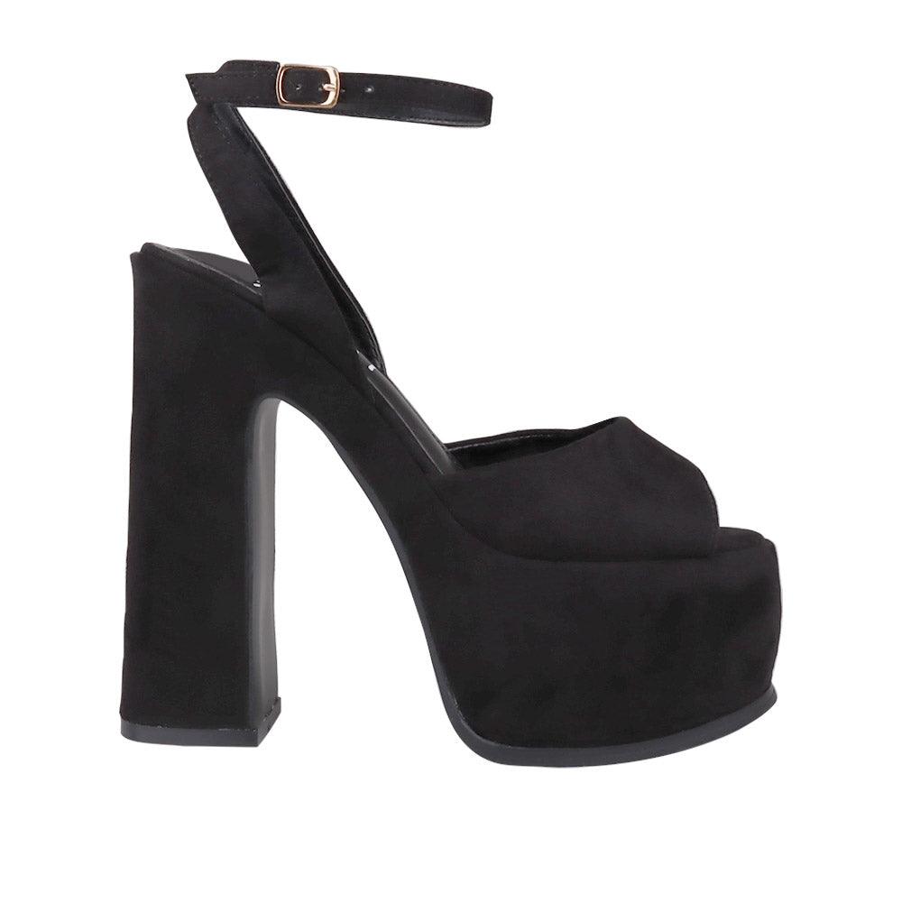 Vegan suede women's block heel with platform in black-side view