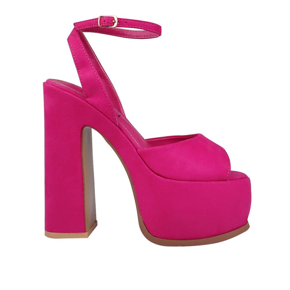 Fuchsia coloured vegan suede women's block heel with platform-side view