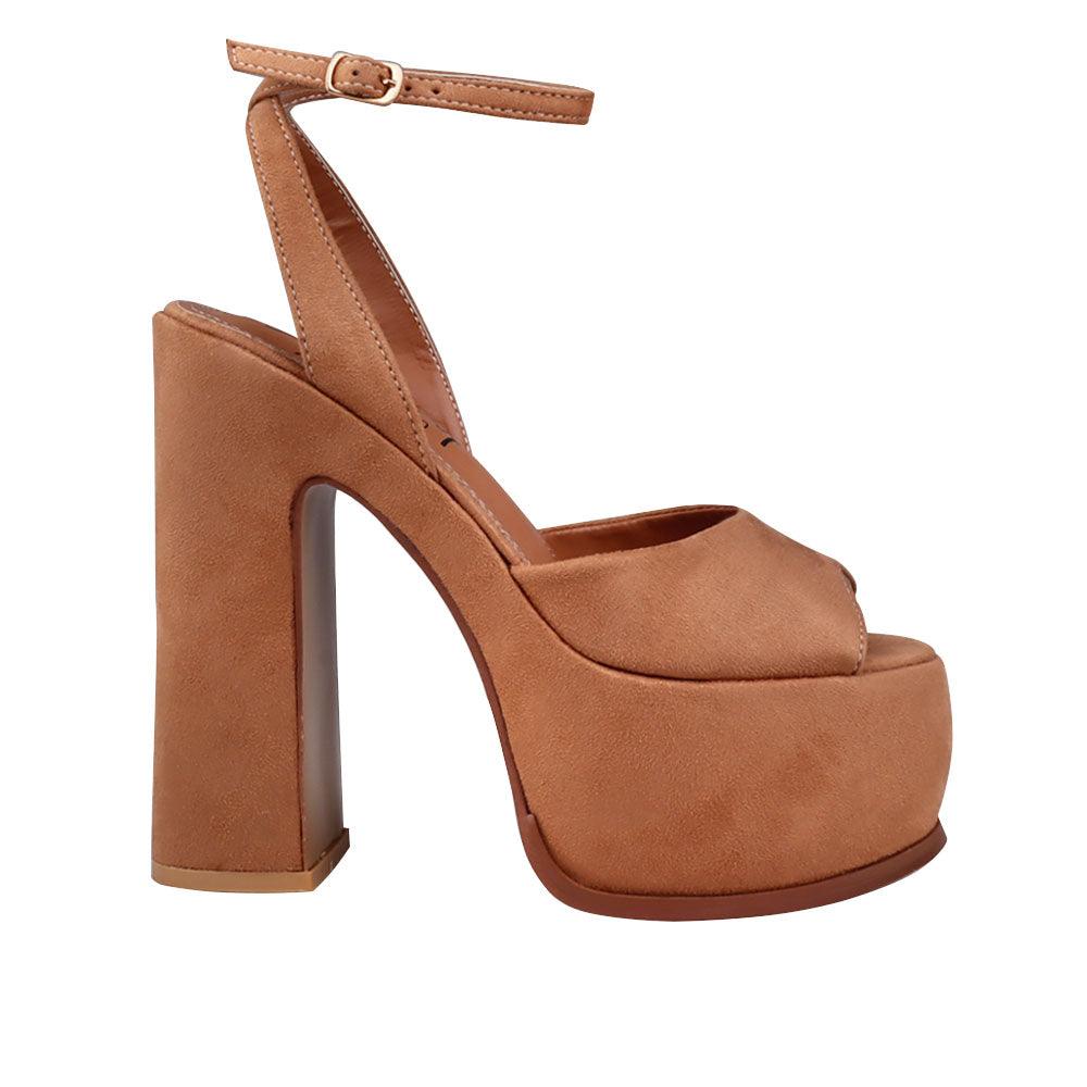 Tan coloured vegan suede women's block heel with platform-side view