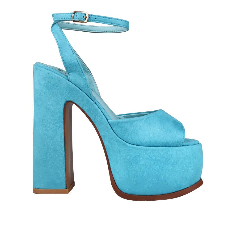 Turquoise coloured vegan suede women's block heel with platform-side view