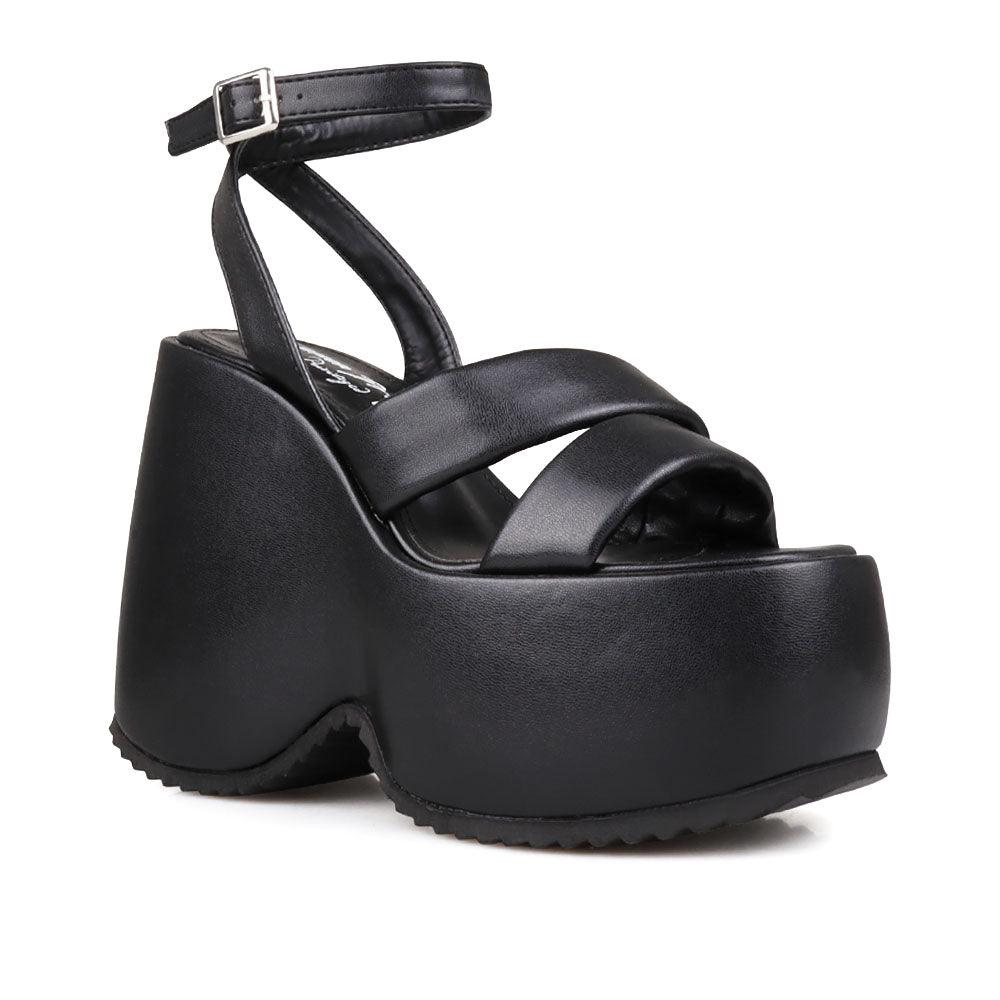 Suede platform women's heel in black-corner view