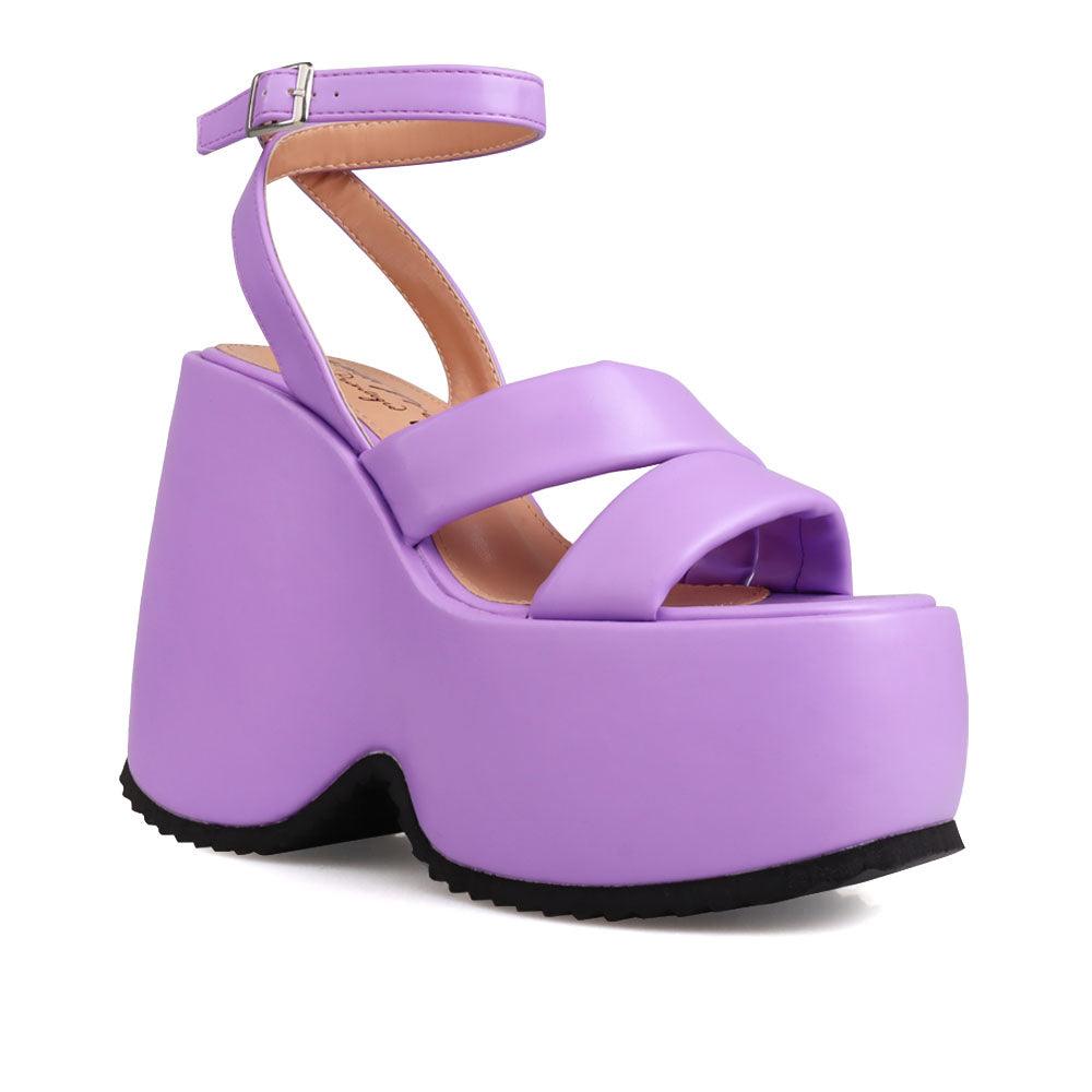 Purple coloured suede platform women's heel-corner view