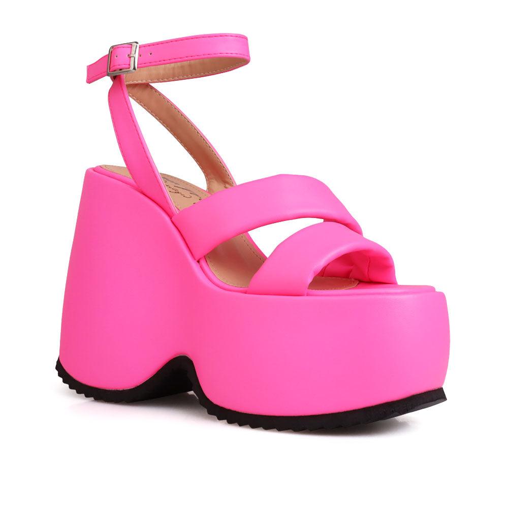 Neon pink suede platform women's heel-corner view