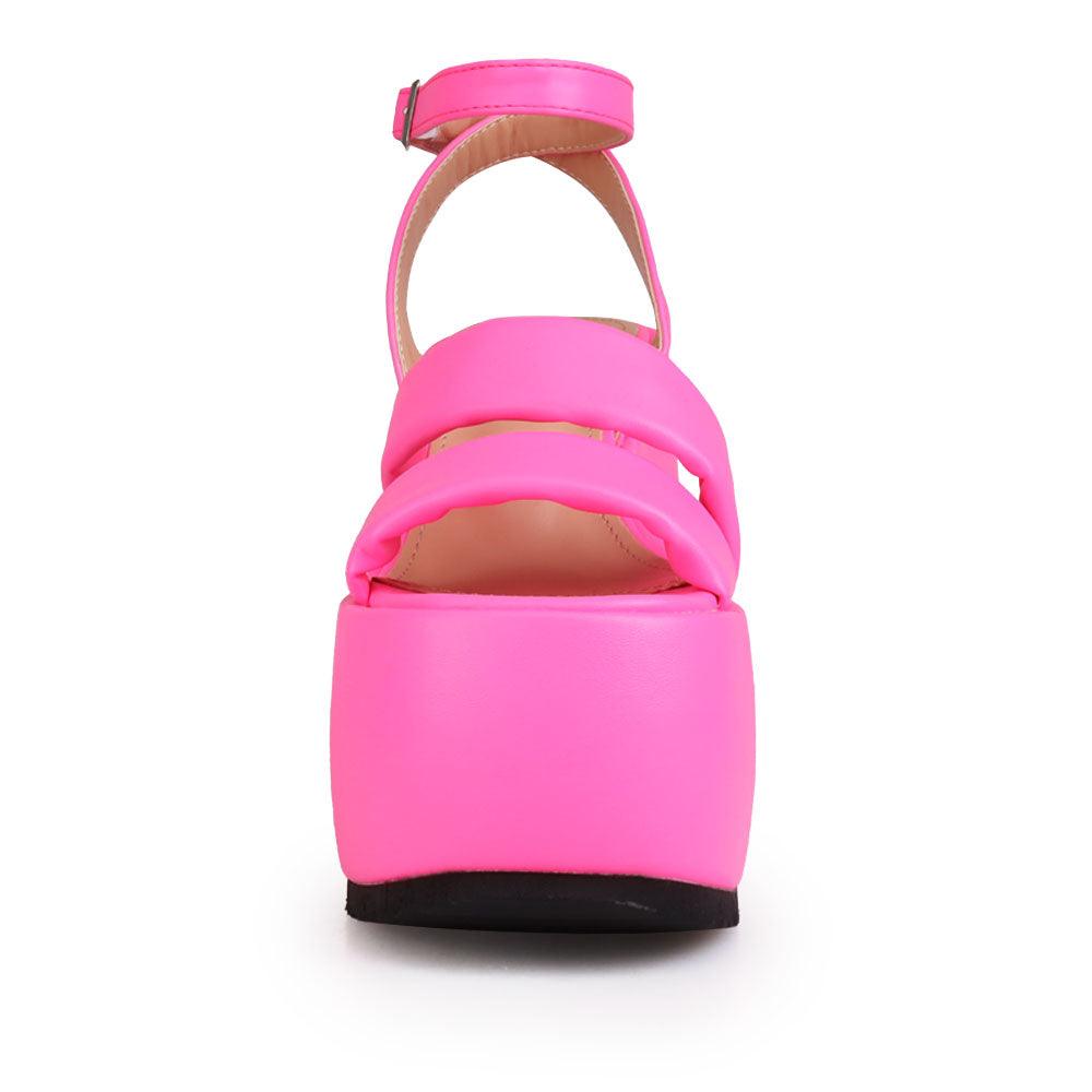 Neon pink suede platform women's heel-front view