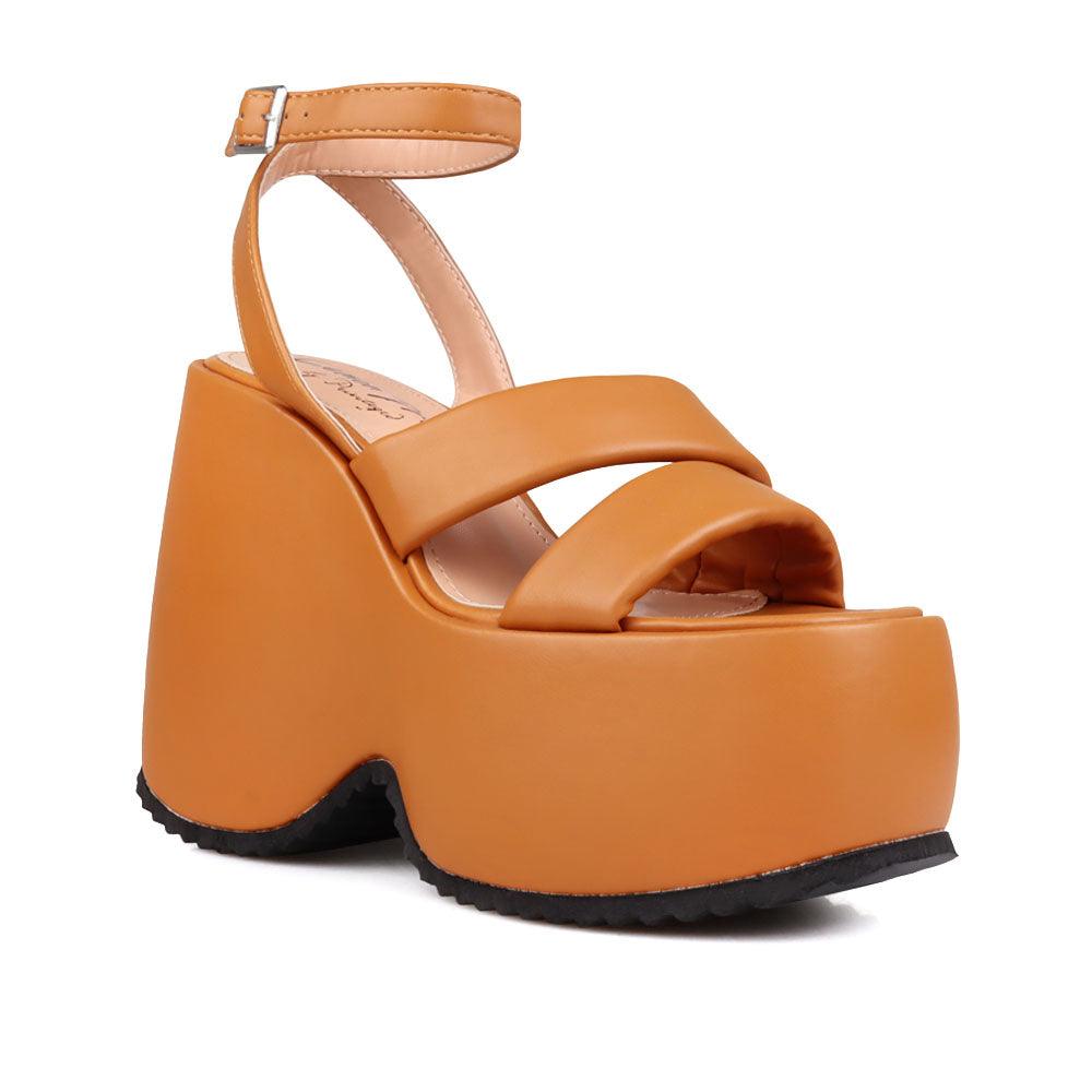 Tan coloured suede platform women's heel-corner view