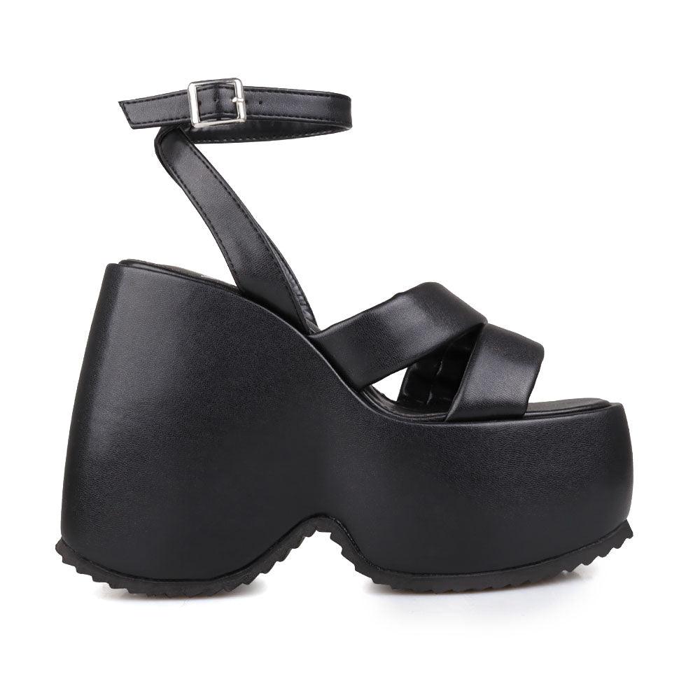 Suede platform women's heel in black-side view