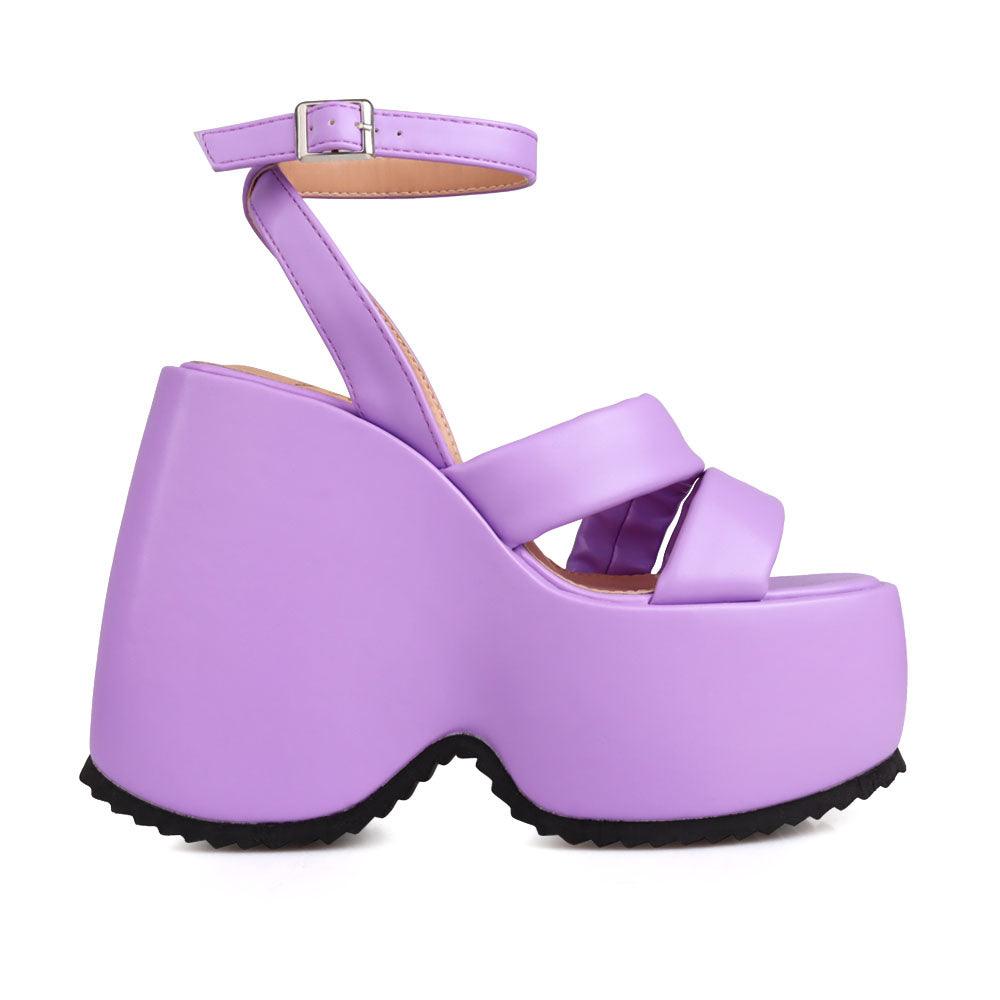 Purple coloured suede platform women's heel-side view