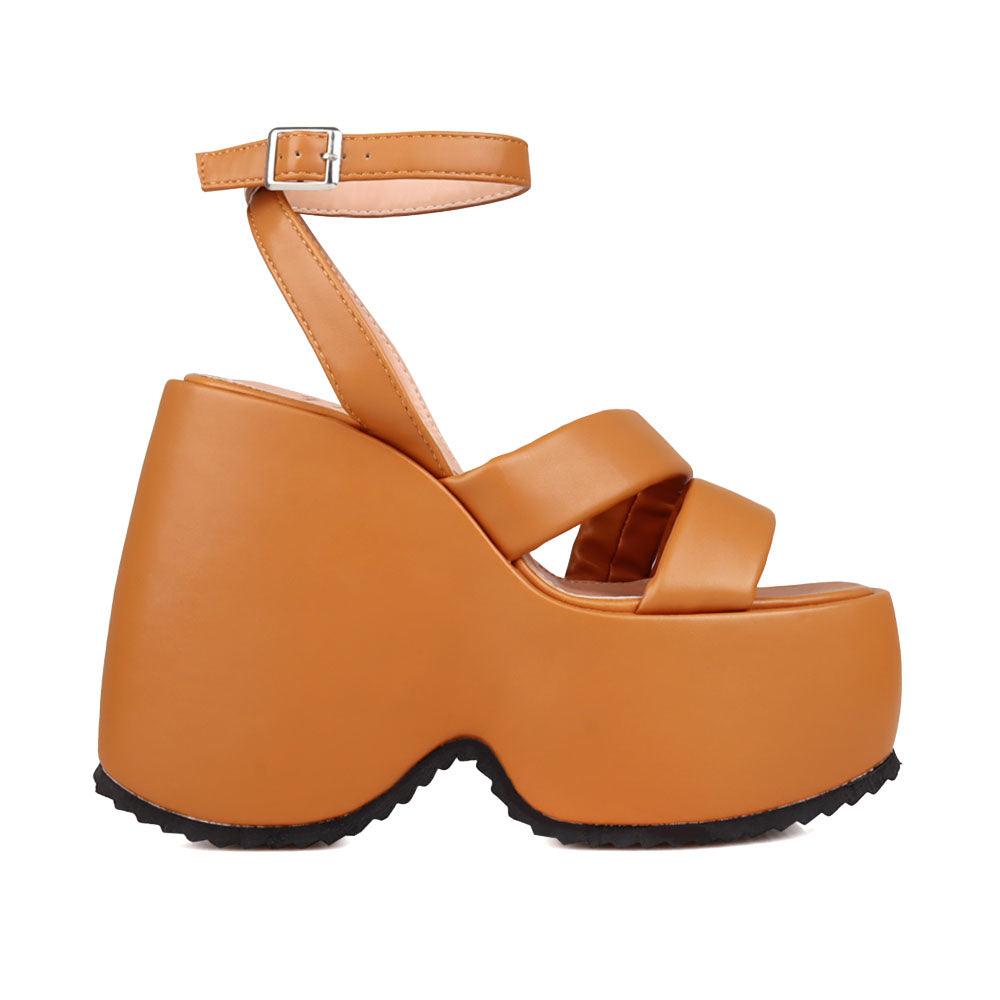 Tan coloured suede platform women's heel-side view