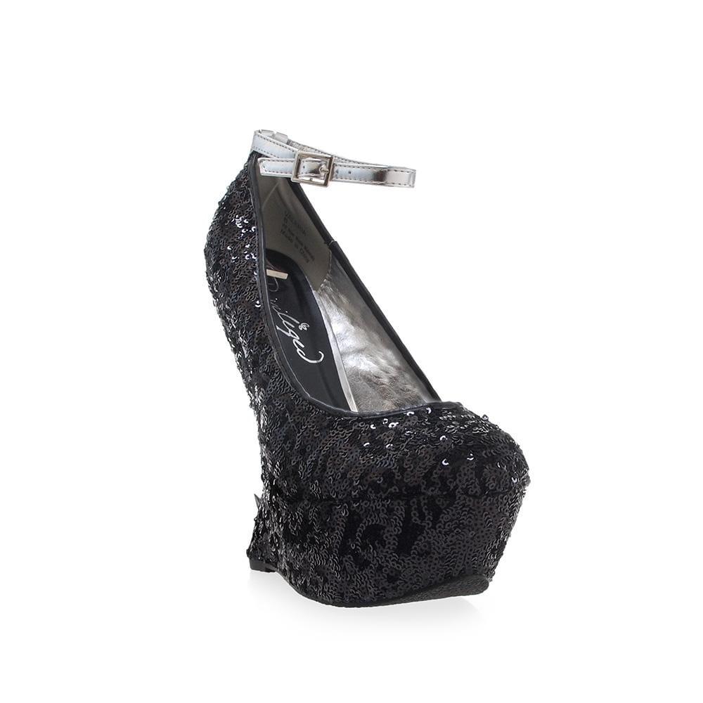 Sequined wedges spiked women's heel in black-corner view