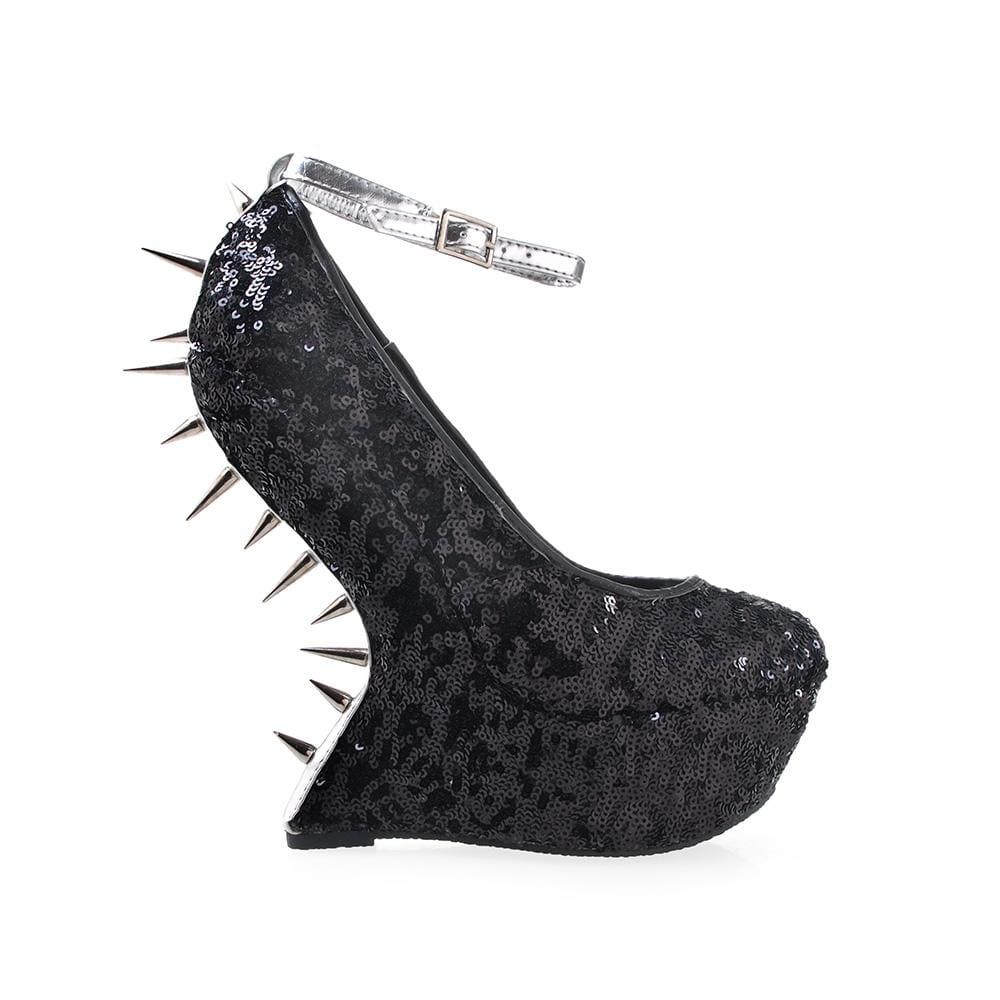 Sequined wedges spiked women's heel in black-side view