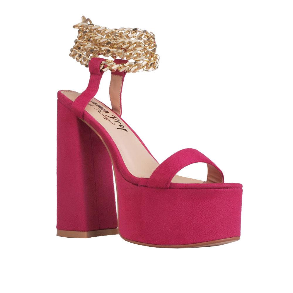 Vegan suede open toe women's block platform heel in fuchsia-corner view